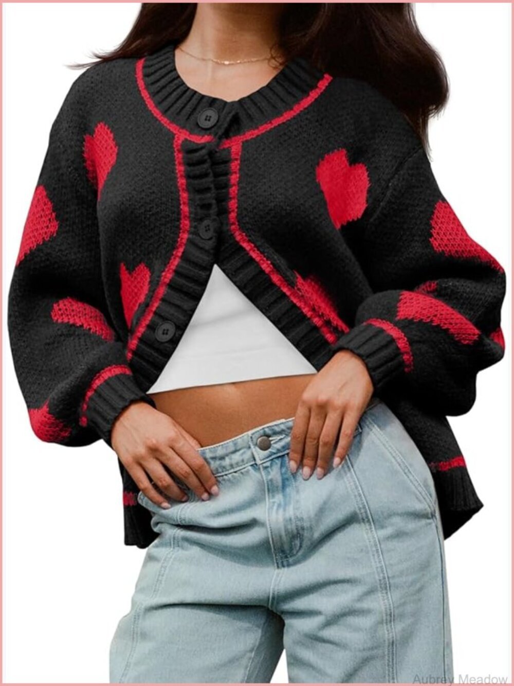 Chunky Knit Heart Cardigan Sweater Coat Button Down Crewneck
